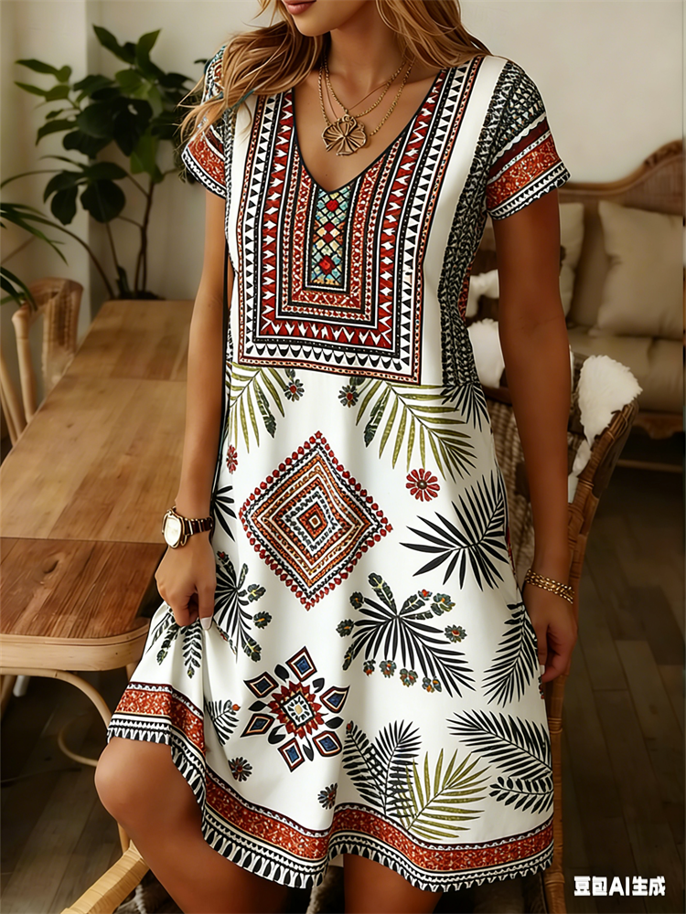 Ethnic Fashion Clothing - Ethnic Style Women Dress Summer V-Neck