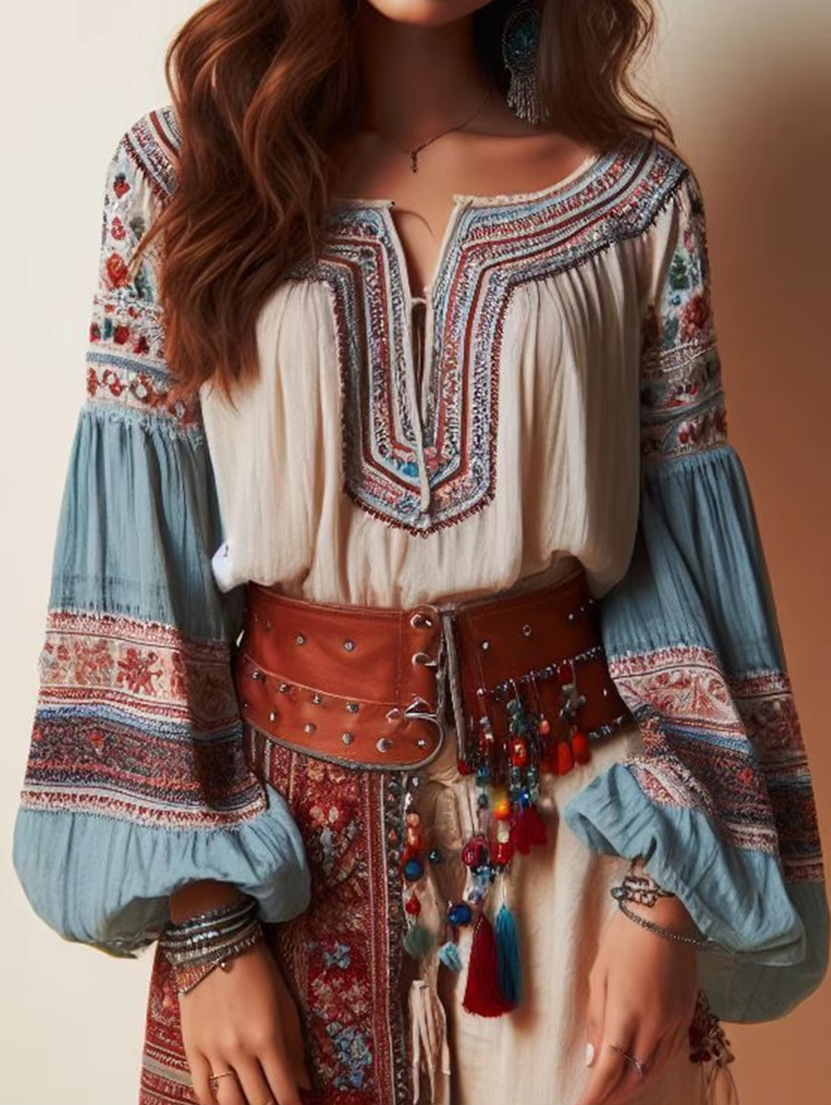 Lantern Sleeves Boho Blouse Fl - Ethnic Fashion Clothing review and price